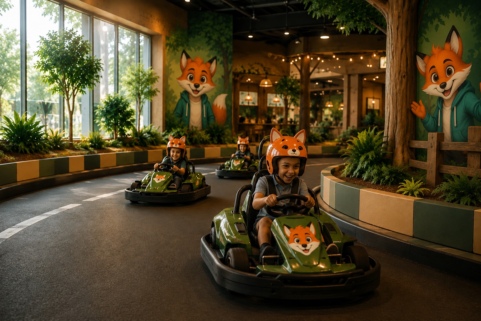 Electric go-karts racing at Buckley's Family Adventure