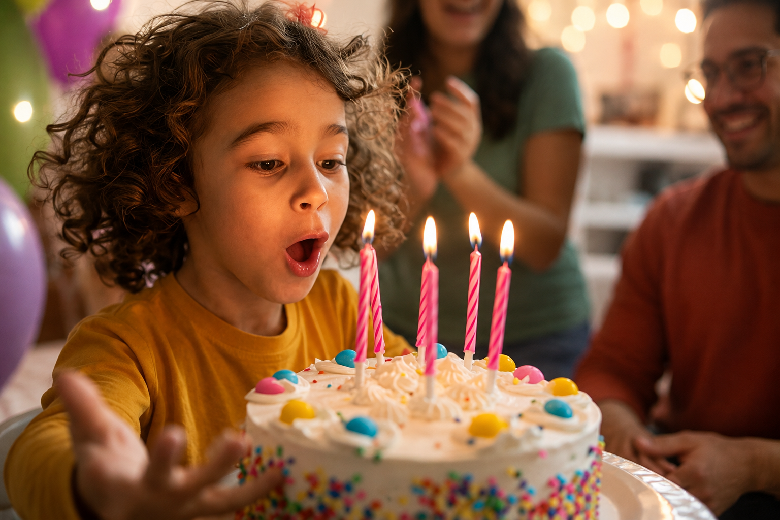 A child blowing out the candles on a birthday cake